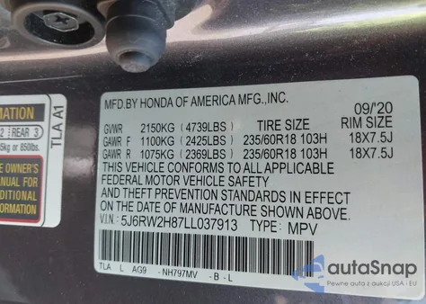 2020 Honda Cr-V Awd Ex-L z USA, uszkodzony, nr VIN 5J6RW2H87LL037913